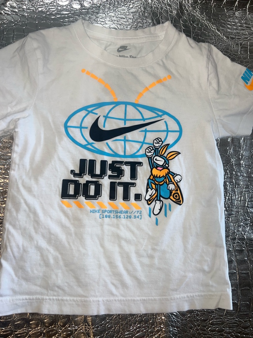 Nike White Short-Sleeve 'Just Do It' Tee with Blue & Orange Graphic